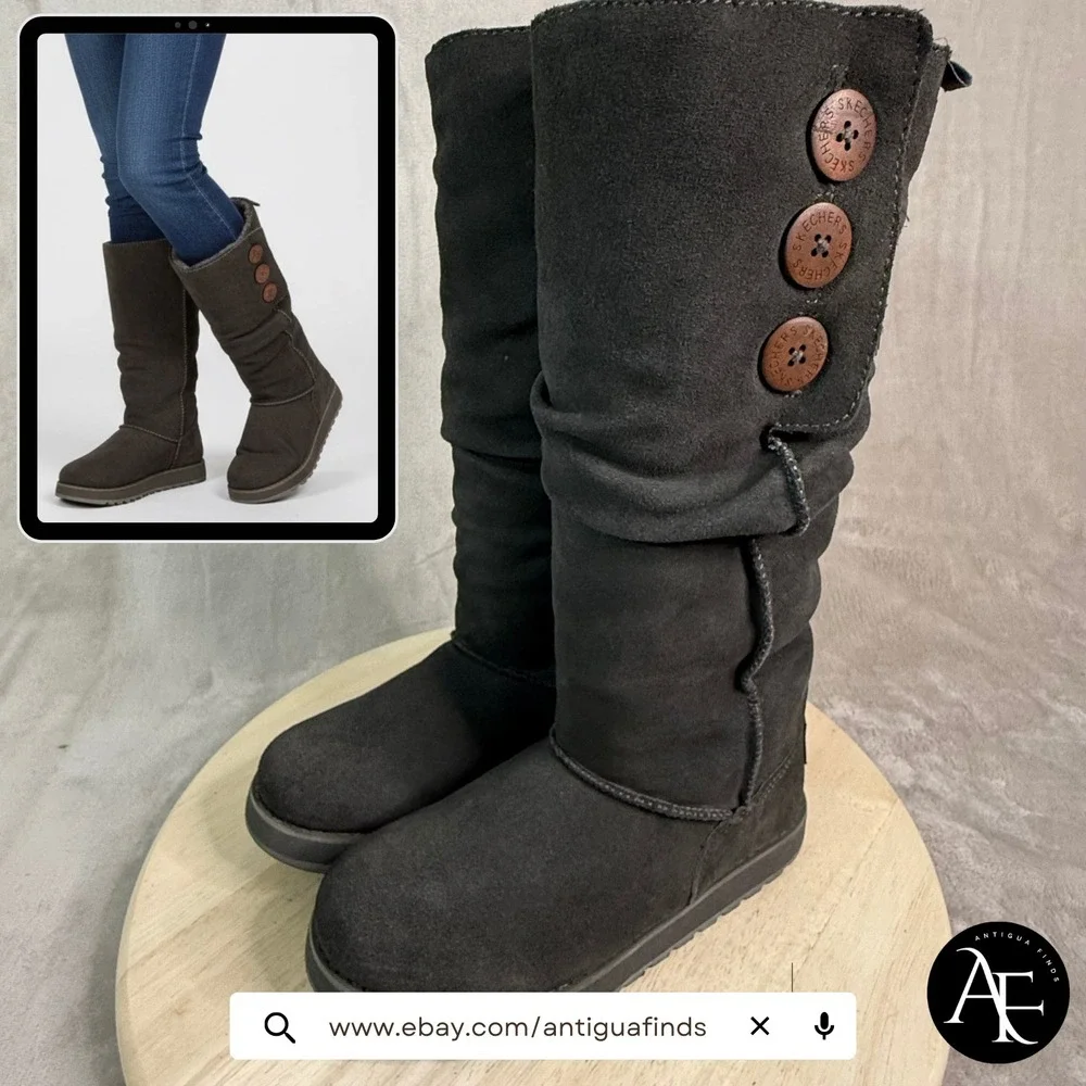 SKECHERS Women's Boots Sz 5 Suede Keepsakes Freezing Point Slouch Faux Fur Shoes